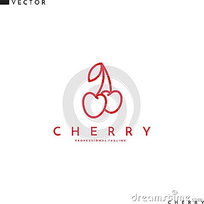 Cherry logo. Line art. Isolated berries with leaves Vector Illustration